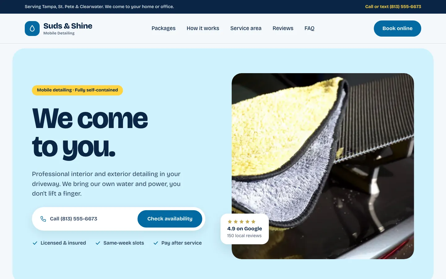 Homepage of Suds & Shine, an example site built on the Hamburg template