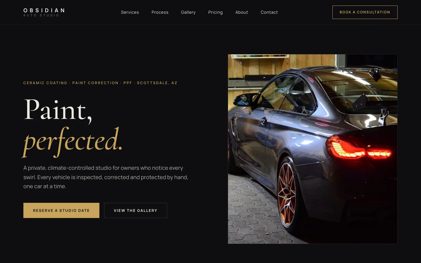 Homepage of Obsidian Auto Studio, an example site built on the Munich template