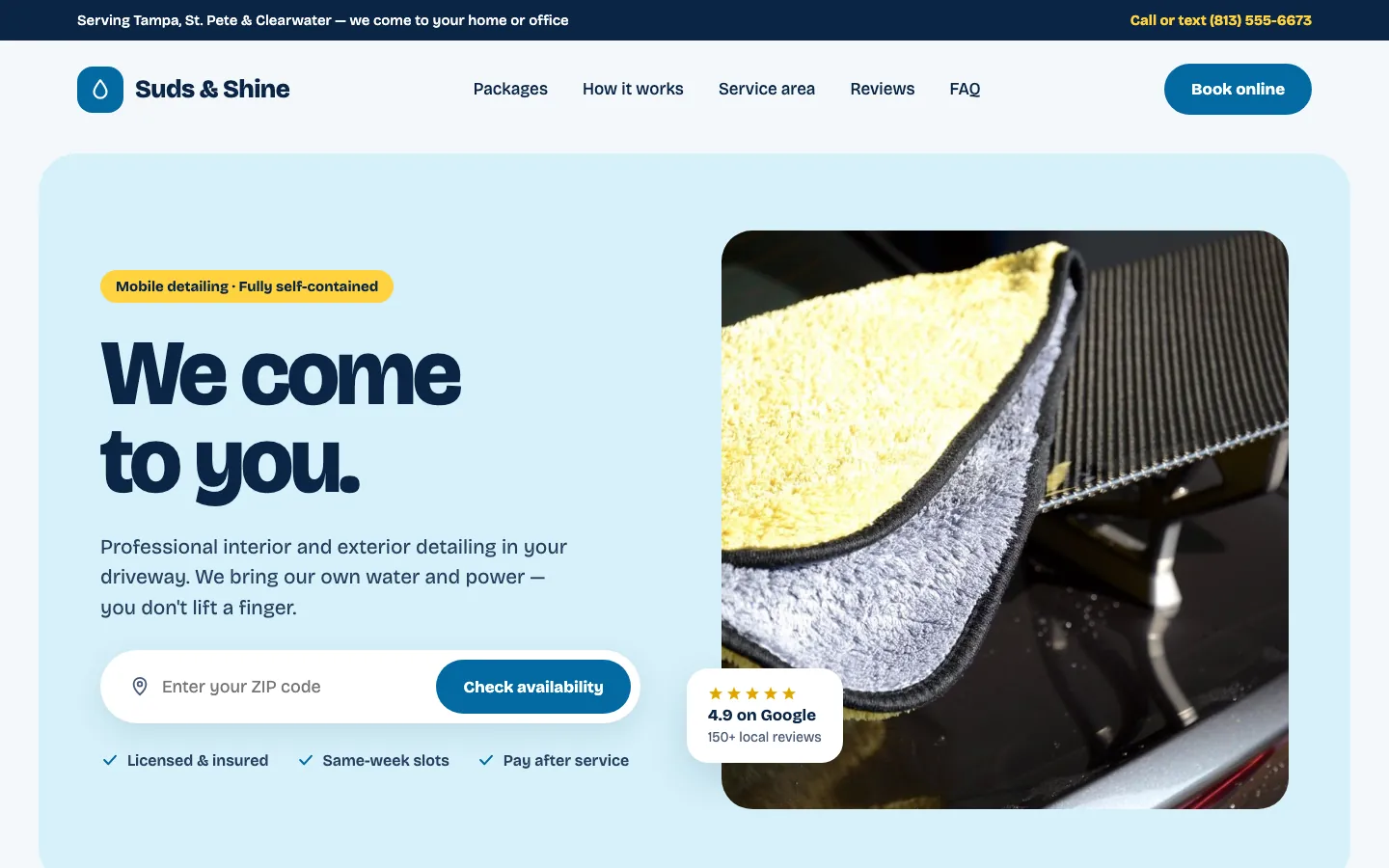 Homepage of Suds & Shine, an example site built on the Hamburg template
