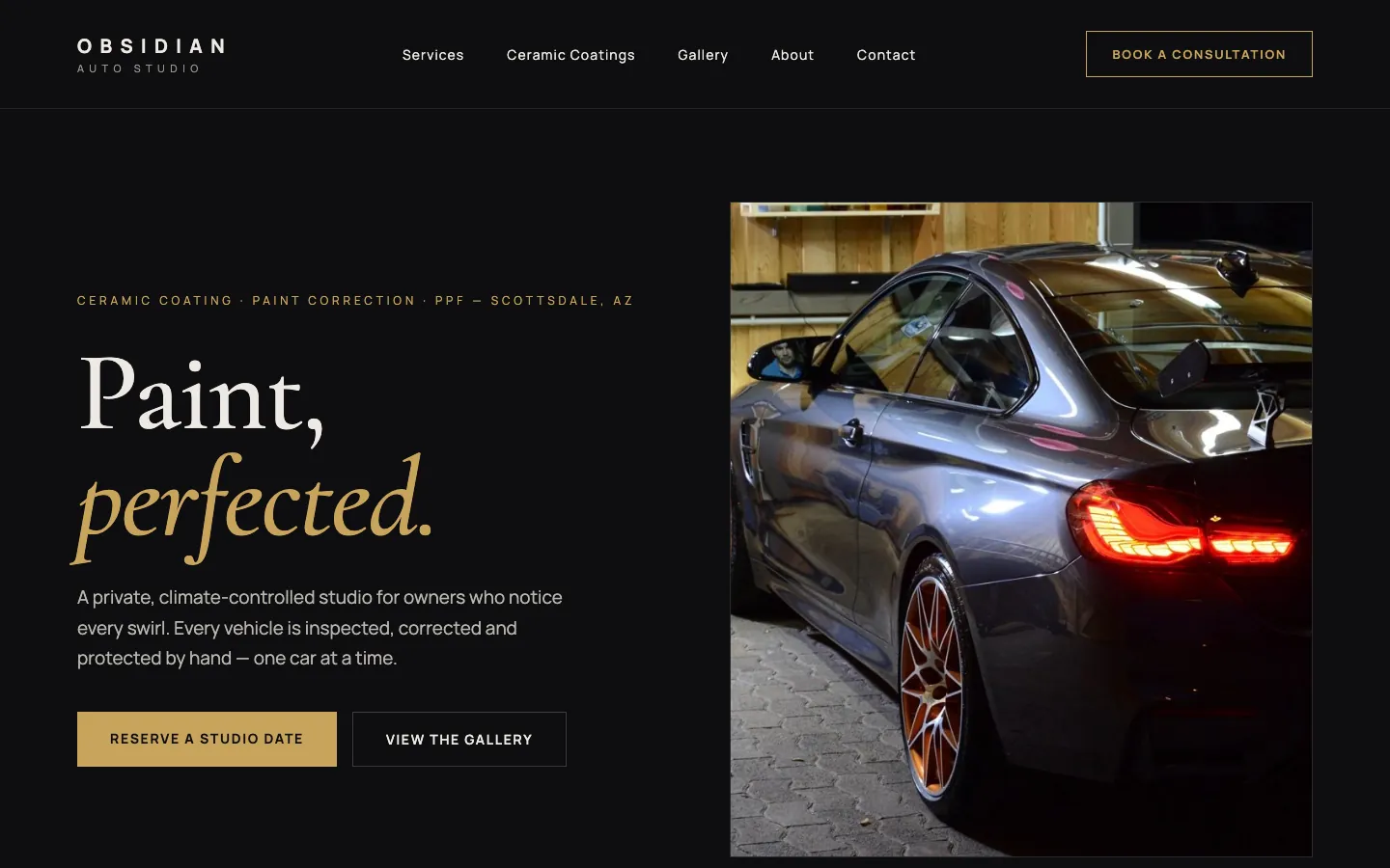 Homepage of Obsidian Auto Studio, an example site built on the Munich template